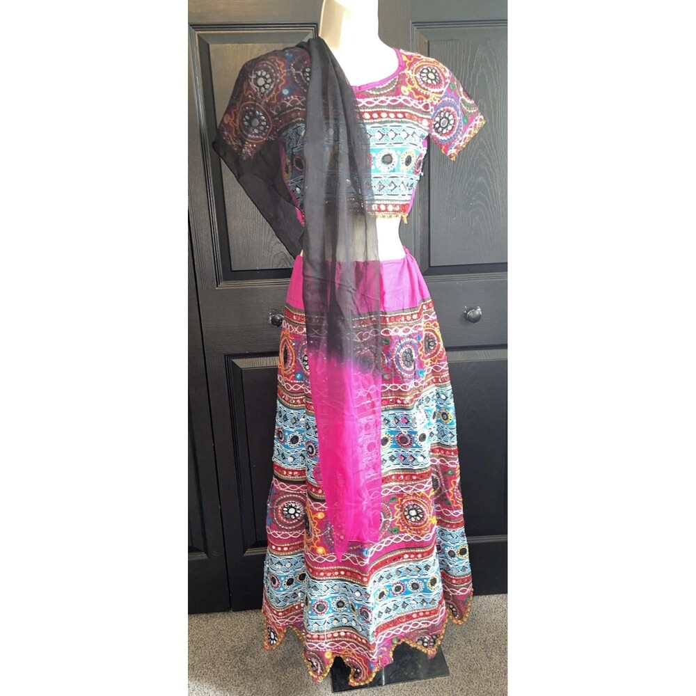 Bollywood Lehenga Choli 3pc Set Pink Blue Mirror Beaded Dupatta Party S M